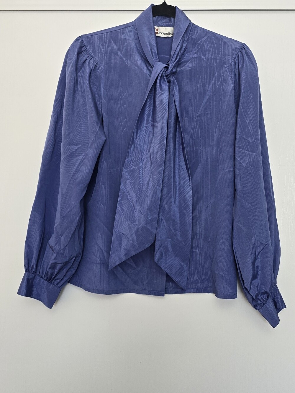 Copperfield - Vintage 80s Periwinkle Office Tie Bow Blouse Long-Sleeve Top
